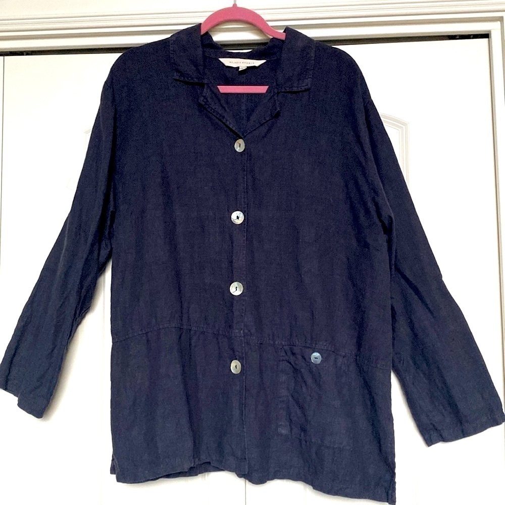 Melrose Studio Linen V-neck button down Tunic Blouse Womens L Navy Lagenlook